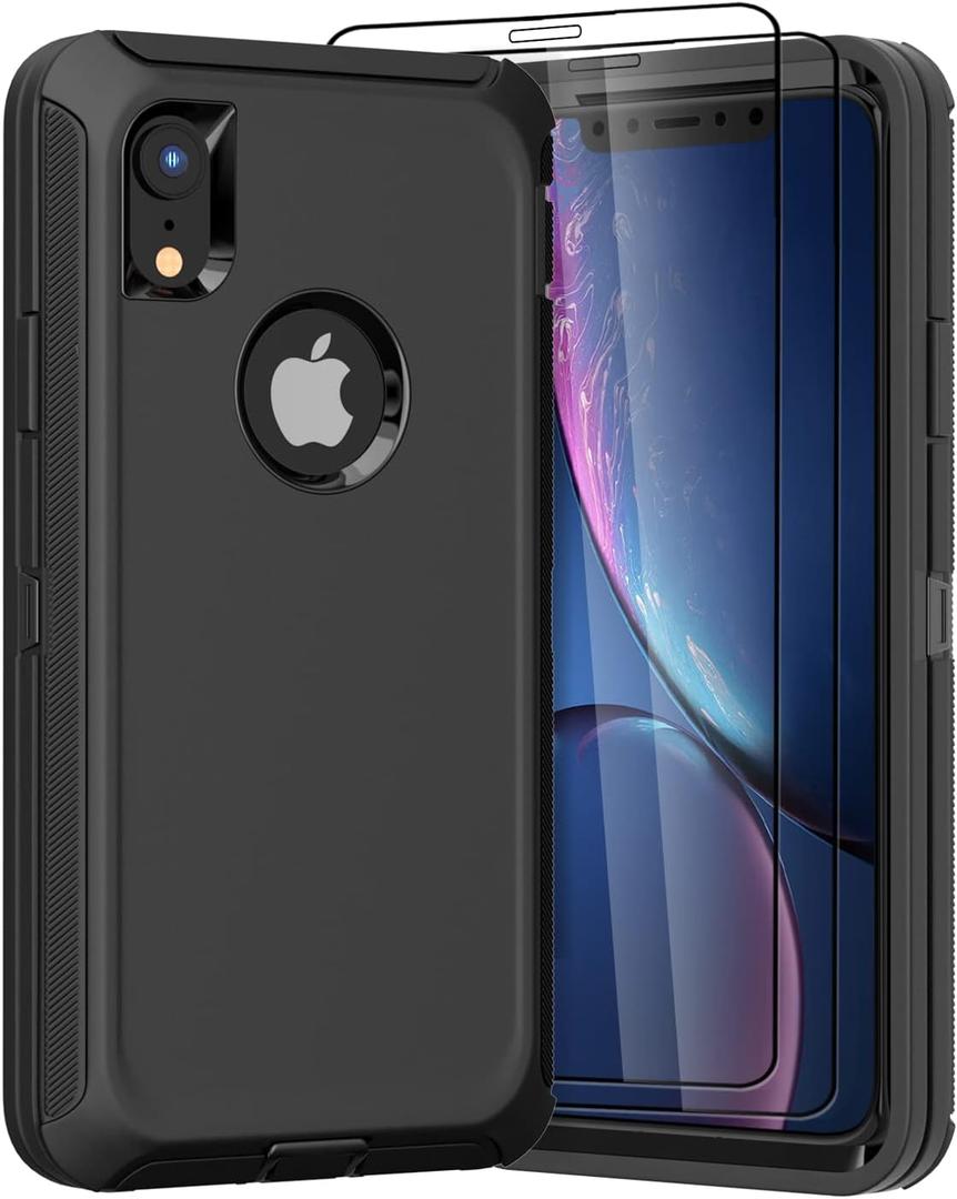 Designed for iPhone XR Case [3 in 1 Full Body Protection] Rugged Heavy Duty Military Grade Cover, Shockproof/Drop 6.1 inch Phone Case(Black) (Case+2 Protectors)