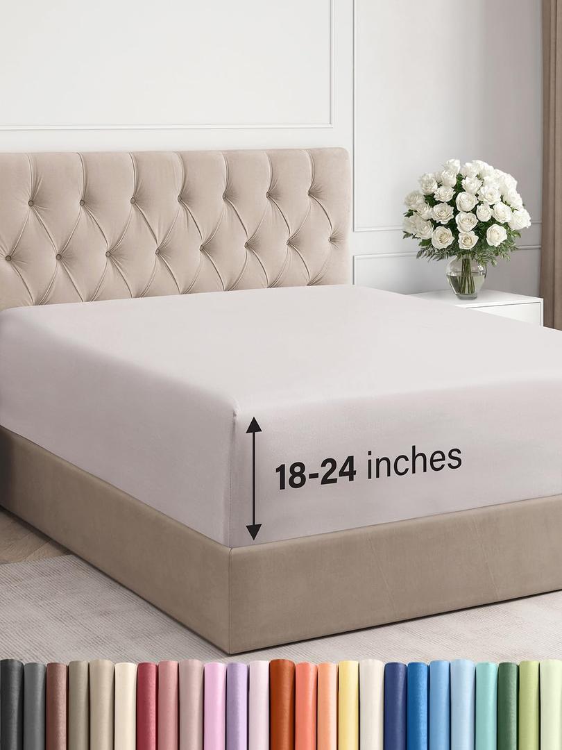 Extra Deep Cal King Fitted Sheet - Hotel Luxury Single Fitted Sheet Only - Easily Fits 18 inch to 24 inch Mattress - Ultra Soft, Wrinkle Free with Extra Deep Pockets - Breathable & Comfy - Light Grey