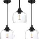 3 Pack 1 Light Hanging Indoor Kitchen Island Pendant Ceiling Light 8.2" Drum Clear Seeded Glass Shade Fixture,Black Finish Modern Farmhouse Dinning Over Sink Adjustable Rod