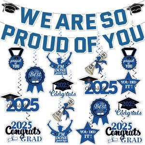 Graduation Party Decorations 2025, We Are So Proud of You Graduation Banner and Congrats Grad Hanging Swirls, College Graduation Decorations Class of 2025 Party Supplies(Blue)
