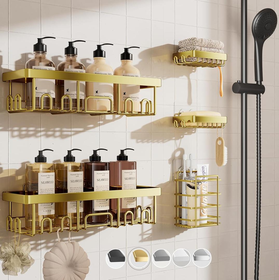 Veken Adhesive Shower Caddy 5-Pack,Heavy Weight Bearing, Large Wall Mounted Shower Shelves Rack, Organizer Storage Accessories with Soap Dish & Toothbrush Holder, Ideal for Bathroom, Home & Kitchen, Gold (5-Piece Set for Hall Bathroom (Rustproof Upgrade))