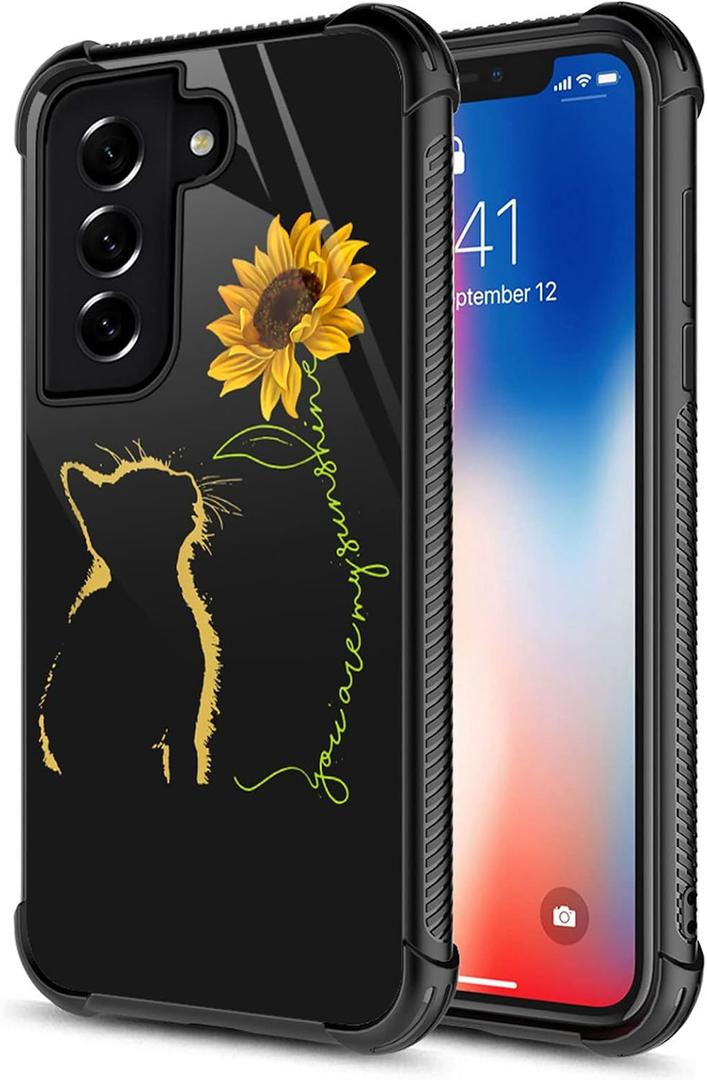 CARLOCA Compatible with Samsung Galaxy S21 Case, Yellow Cat Sunflower Samsung Galaxy S21 Cases Graphic Design Shockproof Anti-Scratch Drop Protection Case for Samsung Galaxy S21