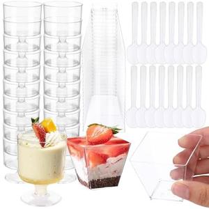 Funnymoom 50 Pack Dessert Cups with Spoons 2oz Clear Plastic Dessert Parfait Cup Mini Square Shot Glasses Round Goblet Shooters Plastic Spoons for Fruit Ice Cream Cake Party Supplies (Clear)
