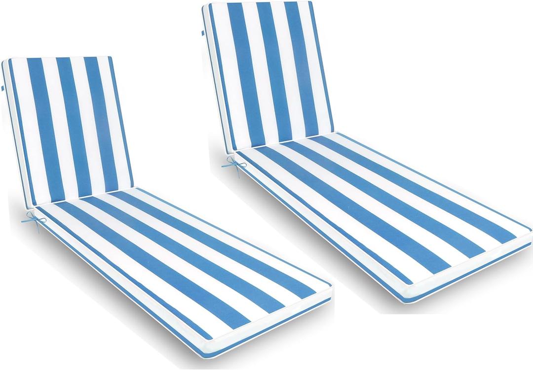 Only choice 2 Pieces Set Outdoor Lounge Chair Cushions Patio Chaise Lounge Replacement Cushions Furniture Seat Cushions (Sky Blue White Striped) (74.4"x 22.05"x 2.76")