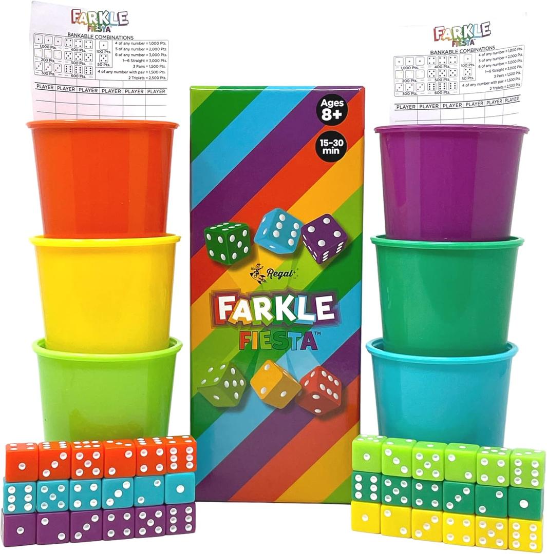Regal Games - Farkle Fiesta Classic Dice Game w/ 6 Colored Dice Sets, 6 Convenient Dice Cups for Easy Shaking, & 20 Score Sheets - Fun Family Game for Travel, Camp - Ideal for 2-4 Players (Ages 8+)