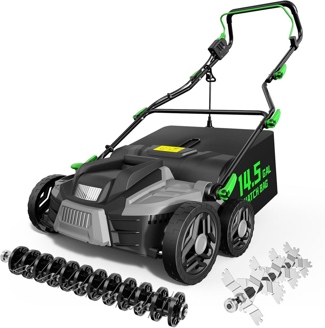 2025 Upgrade 16-Inch 15.5 Amp 2-in-1 Electric Dethatcher and Scarifier with 14.5-Gallon Collection Bag, Lawn Dethatcher with 5-Position Depth Adjustment, Keeps Lawn Healthy  Light Green