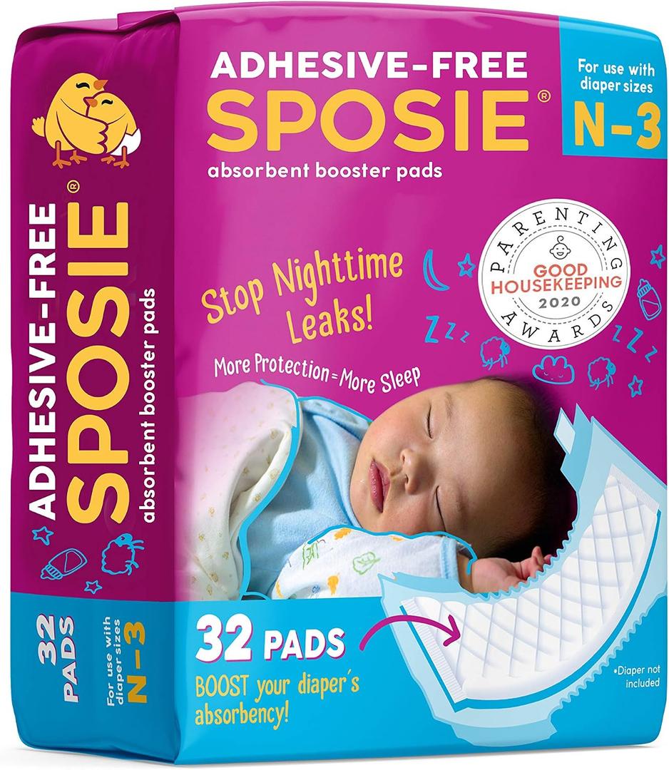 Sposie Booster Pads, Stop Overnight Diaper Leaks, Fits sizes Newborn 1 2 3, No Adhesive for Sensitive Skin, 32 ct