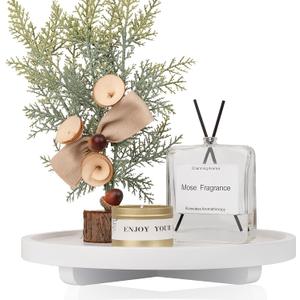 Round Decorative Tray Wood Bathroom Counter Organizer Farmhouse Kitchen Decor Wooden Riser for Soap Dish, Perfume, Candle, Sponge, 11" - White