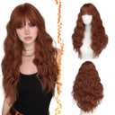 Natural Red Long Wavy Wig With Bangs - Long Wavy Auburn Wig with Bangs for Women - 26 Inch Thick Soft Synthetic Natural Looking Easy Wear Daily Cosplay Party Halloween Redhead Auburn Wigs