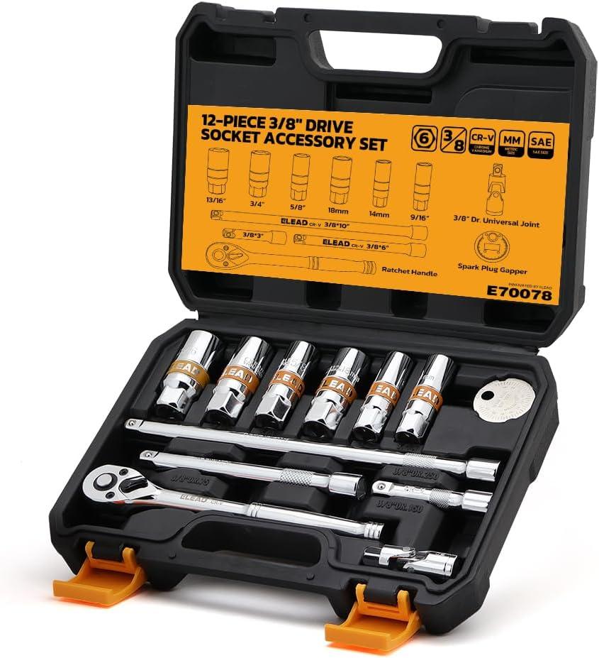 12-Piece 3/8" Drive Spark Plug Socket Set with Ratchet Handle, Universal Joint, Spark Plug Gapper & Extension Bar, 9/16", 5/8", 3/4", 13/16", 14mm, 18mm, CR-V Sockets with Rubber Holding Rings