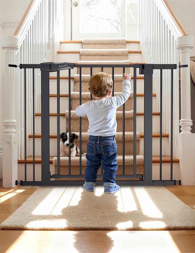Babelio Baby Gate, 29-43" Auto-Close Easy Install Pet Gate, PressGuard P7 Extra Wide Walk Thru Child Safety Gate, 30" Tall Pressure-Mounted Metal Dog Gate for Doorways & Stairs, Black
