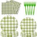 2 x 96Pcs Sage Green Gingham Party Supplies - 7&9 Inch Scalloped Paper Plates and Napkins Disposable Sage Green and White Plaid Party Decorations for Birthday Baby Shower Wedding,Serves 24
