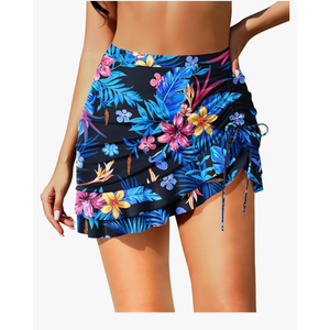 Pinup Fashion High Waisted Swim Skirt - Women Drawstring Ruched Bathing Suit Bottoms with Built-in Brief, Medium