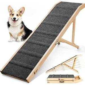Dog Ramp for Bed, 64" Long Foldable Pet Ramp for Small Large Dogs, Dog Ramps for High Beds Car, High Traction with Platform 6 Adjustable Heights 24" to 30" Up to 220LBS, Wood