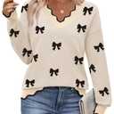 Zeagoo Cute Sweaters for Women Long Sleeve V Neck Bow Pullover Sweater Tops Business Dressy Casual Fall Outfits, Small 