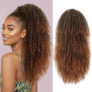Ponytail Extension Curly Drawstring Pony Tails Hair Extensions 24 Inch Synthetic Kinky Curly Clip in Ponytail Hair Extensions for Black Women (T1B/30)