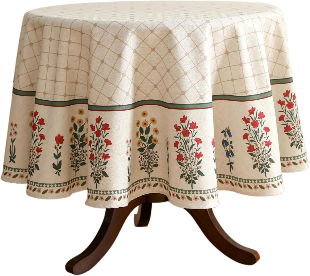 ISAENNE Designer Vintage Linen Floral Small Round Tablecloth,Fall Colorful Modern Table Cloth,Anti-Wrinkle Decor Tablecloths for Dining Thanksgiving Kitchen Christmas,Diameter 55"-Bertina E