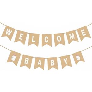 2 x Welcome Baby Banner - Baby Shower Decorations for Boy or Girl | Rustic Paper Baby Shower Banner, Gender Neutral Welcome Home Sign, Vintage Party Decor for Wall Mantle Photo Backdrop