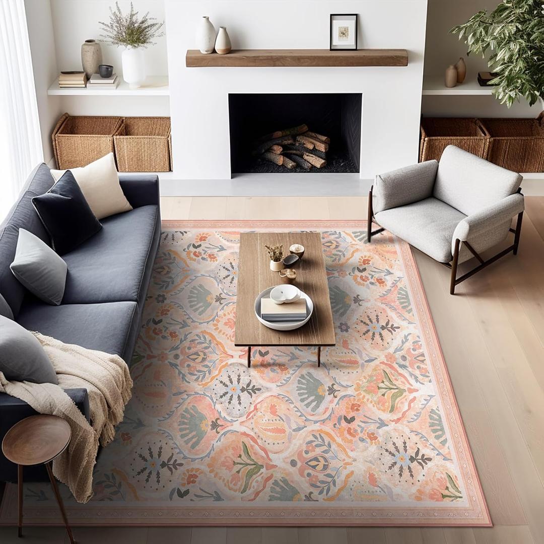 Ashler 9x12 Vintage Rug, Floral Area Rugs, Ultra-Thin Boho Tropical Rug, Vintage Large Rugs for Entryway, Kitchen, Flesh Pink/Beige, Moroccan Low-Pile Machine Washable Decoration