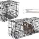 2-in-1 Live Animal Trap Cage, 32" Raccoon Large Trap Detachable into 16" Small Box Traps for Groundhog Stray Cat Humane Rodent Cage Indoor & Outdoor Heavy Duty Foldable Steel Cat Catcher Catch Release