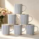 Ceramic Mugs Set of 6, Modern 17oz Coffee Mugs, Stackable Coffee Cups with Handpainted Blue Stripe Pattern, Dishwasher and Microwave Safe Mugs for Home & Office