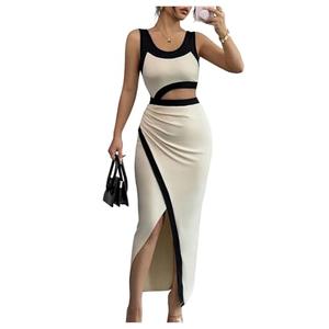 GORGLITTER Women's Cut Out Maxi Dress Ruched Wedding Guest Summer Birthday Church Long Bodycon Sundress Apricot X-Large