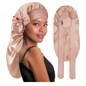 BONNET QUEEN Braid Bonnet Silk Bonnet Foldable Extra Long Wrap for Braids Satin Bonnets with Tie Band Long Sleep Cap, Champagne
