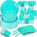 TWOWYHI 228PCS Teal Blue Party Supplies Set Include Paper Plates Cups Teal Blue Napkins Plastic Spoons Forks Knives for 30 Guests Disposable Party Dinnerware for Birthday Wedding Family Picnic (Teal Blue)