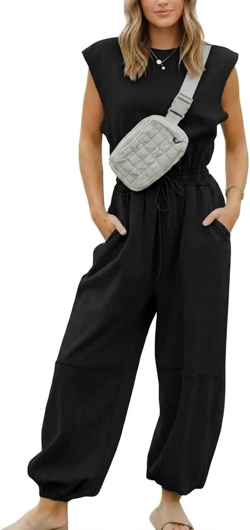 COCCKO Womens Casual Jumpsuit Crewneck Cap Sleeve Long Wide Leg Pants One Piece Outfits Drawstring Romper with Pockets Small