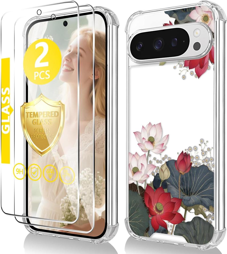 for Google Pixel 9 Pro XL Case+Tempered Glass Screen Protector, Slim Soft TPU & Hard PC,Girls Women Crystal Clear Cute Floral Pattern Shock Absorption Case Cover for Pixel 9 Pro XL (silver Shield Flower Series-Lotus)