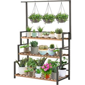 ULIKE 3-Tier Plant Stand with Hanging Bar for Indoor Outdoor Patio, Carbonized Pine Wood and Metal Frame Display Shelf, 52 Inch Tall Vertical Plant Rack for Balcony Garden Living Room