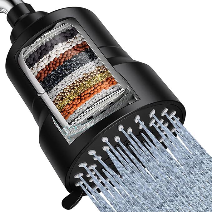 Filtered Shower Head, 3-Mode High Pressure Shower Head with 15-Stage Hard Water Shower Filter Cartridge to Remove Chlorine and Harmful Substances (Black)