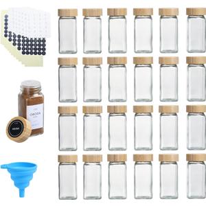 4 oz Glass Spice Jars with Bamboo Lids, Clear Empty Jars with Labels Stickers, Collapsible Funnel, Seasoning Storage Bottles for Spice Racks (24 Pack)