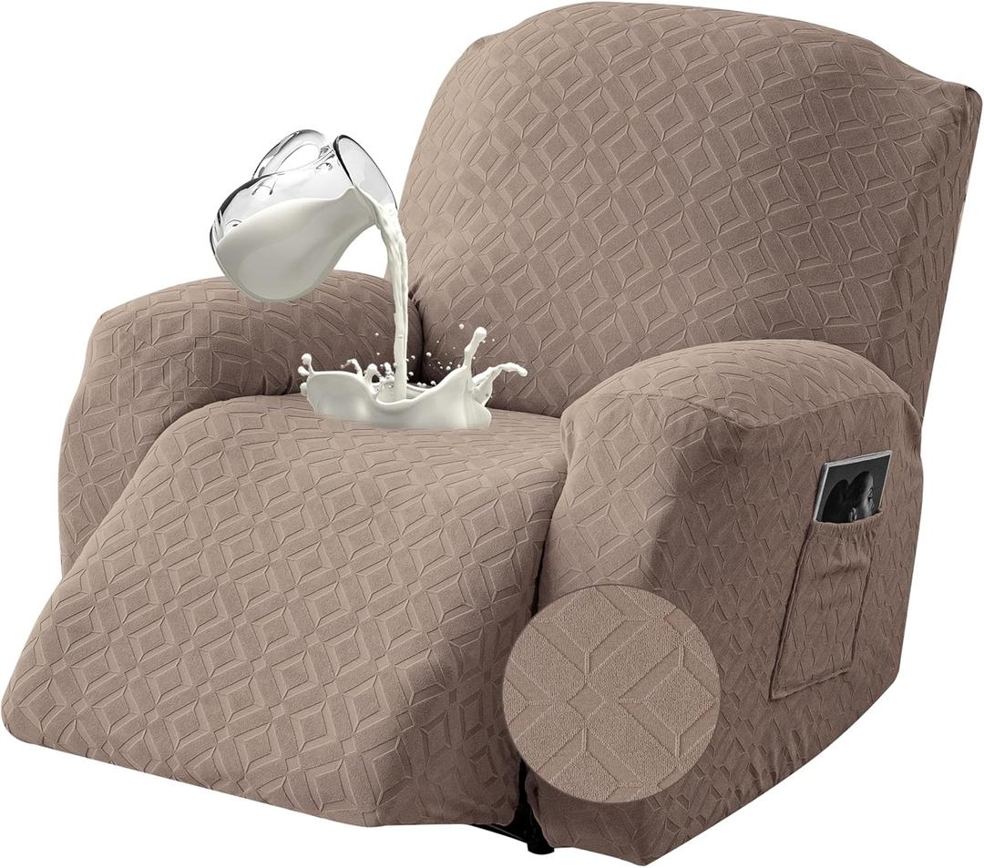 Gennia Waterproof Recliner Chair Cover,Stretch Reclining Sofa Covers with Pockets,Washable Lazy Boy Recliner Slipcovers,Leakproof Couch Protector for Kids, Pets, Dog and Cat (XL-Recliner, Taupe)