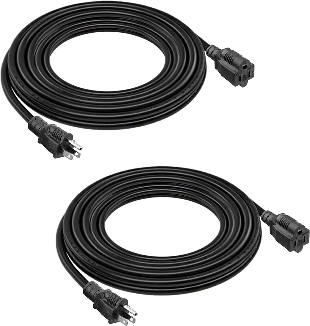 2-Pack 15ft Extension Cord 16 SJTW AWG Heavy Duty 3 Prong Power Cord (Black)