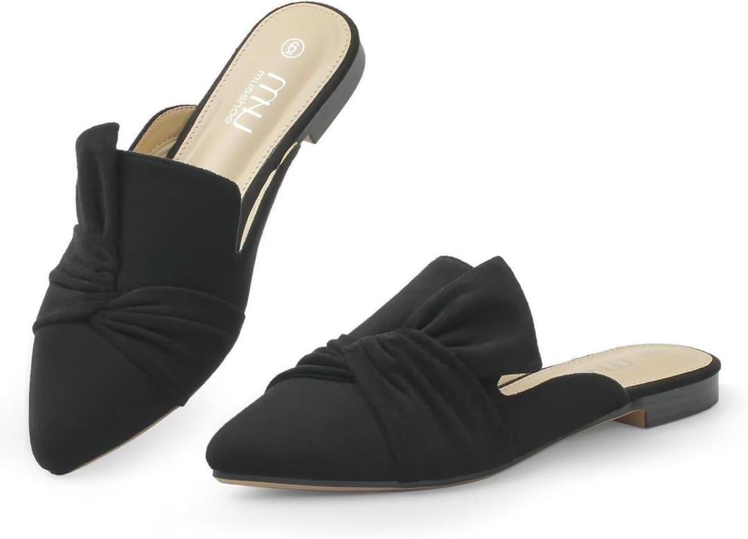 MUSSHOE Women Pointed Toe Mules Flats - Slip on Backless Loafers - Comfortable Work Slide Shoes for Professional Woman Aged 25-40 Casual Classic Dressy (Black Suede) -size 9