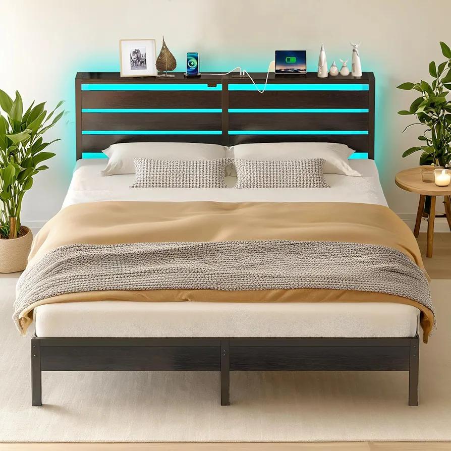 CLIBFENG Classic Metal Platform Bed Frame-Full Size Bed Frame with Headboard,Steel Slats Support-LED Bed Frame with USB Charging Station,Under Bed Storage, No Box Spring Needed, Noise Free