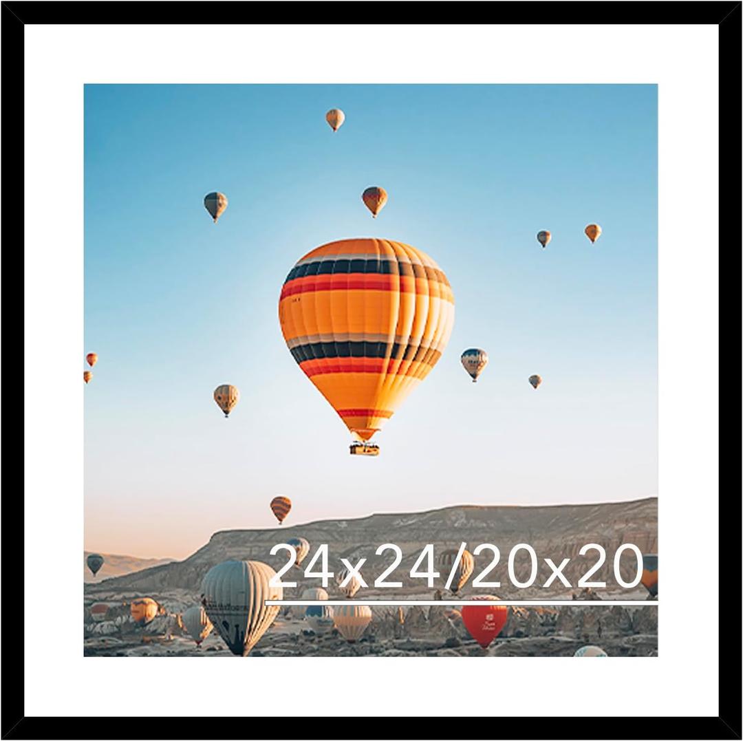 24x24 Picture Frame Black with 20x20 Mat, Display Photo 20x20 with Mat or 24 x 24 Without Mat, Wall Hanging Large 24x24 Poster Frame with Shatter Resistant Plexiglass, Black