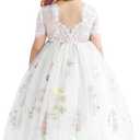 Flower Girl Lace Back V-Neck Dress Full-Length Floral Embroidered Toddler Tutu Tulle Dresses for Girls 5-6Y, White