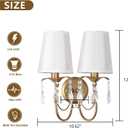 Vintage Wall Sconces 2-Light, Gold Wall Sconces Lighting with Fabric Shades & Crystal, Classic Antique Wall Lamp for Bedroom Living Room Hallway Stairway, E12 Base
