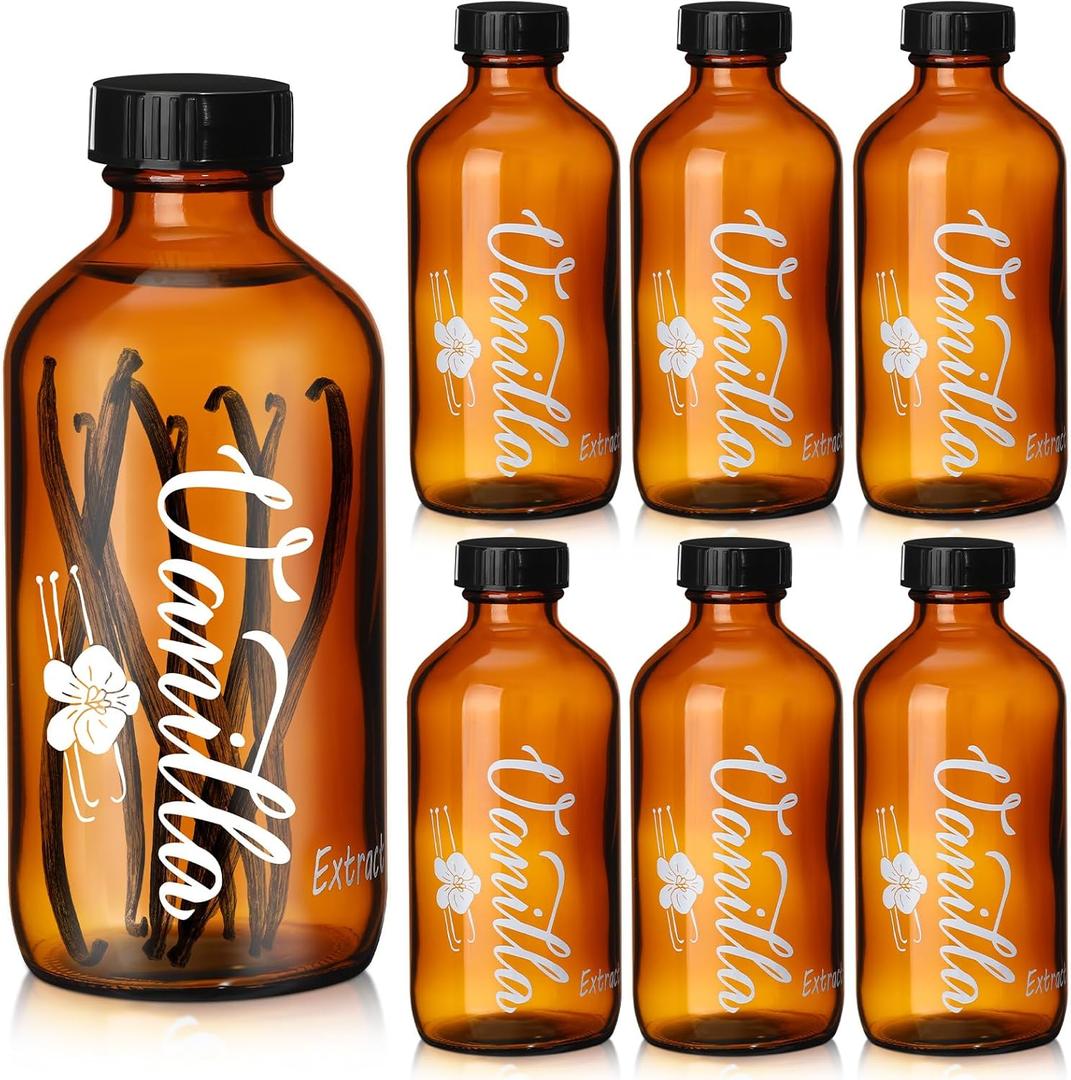 Suclain 6 Pack Vanilla Extract Bottles with Caps Round Amber Glass Bottle Boston High Temperature Screen Printing for Syrup Gift Glass Food Storage Canister Set Sauce Beans(8 oz)