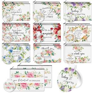 40 Pcs Floral Inspirational Gifts Canvas Makeup Bags with Compact Mirrors Cosmetic Bags Thank You Pouch Bulk for Mothers Day Church Women Teacher Coworker Employee Gifts