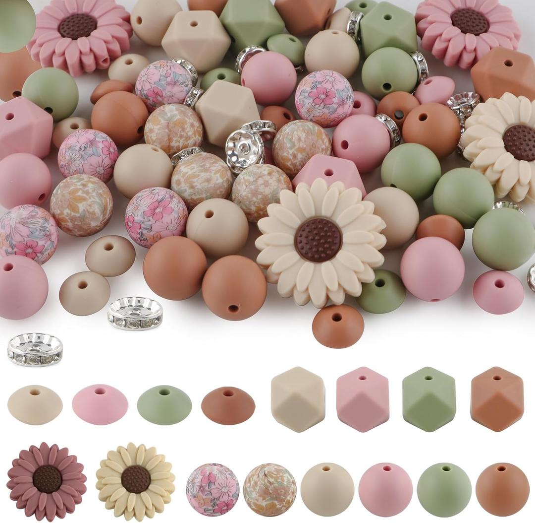 82Pcs 12mm 14mm 15mm Silicone Beads for Keychain Making, 10mm Rondelle Rhinestone Spacer Print Hexagon Round Camel Navajo Matcha Blush Sunflower Silicone Focal Beads for Pens