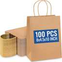 SNH Packing 100 Pcs 8X4.5X10 Inch Kraft Paper Gift Bags with Handles Brown Grocery Bag Medium Size Ideal bags for small business, Party Favor, Bulk Retail, Shopping & Packaging Needs