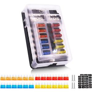 12 Way 12V Fuse Box 12Volt Blade Fuse Block, 12 Circuit W/Negative Bus Waterproof Fuse Box with LED Indicator for 12V/24V Automotive Golf Cart Truck Car Boat Marine RV Van Vehicle