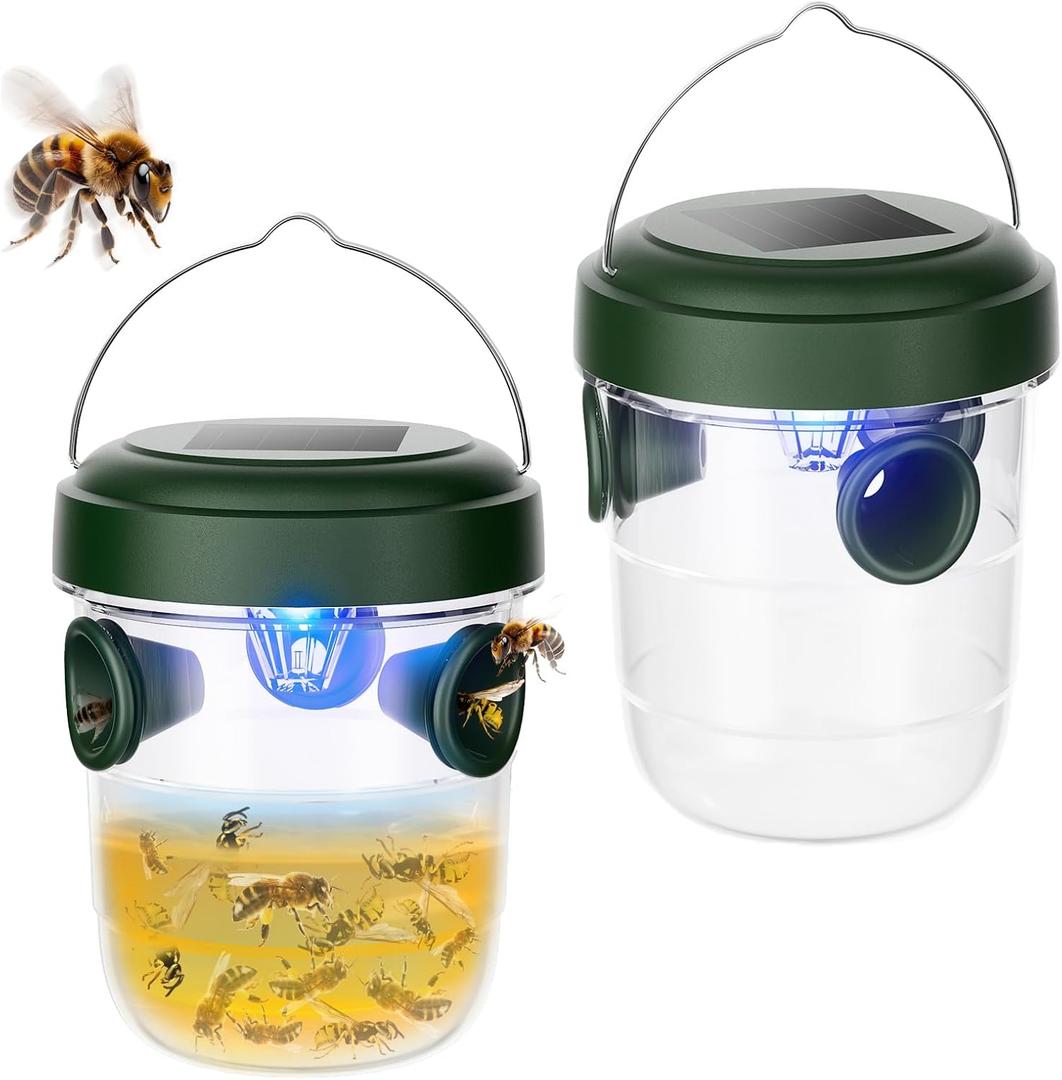 Wasp Traps Outdoor Hanging 2 Packs, Solar Powered Carpenter Bee Trap Yellow Jacket Hornet Catcher with LED Light, Reusable Wasp Deterrent Outdoor for Garden, Patio, Backyard, Camping