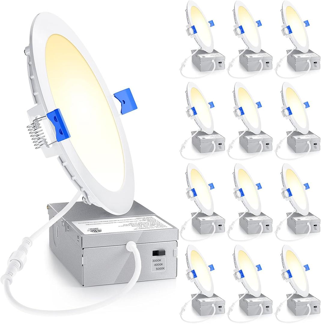 Ensenior 12 Pack 6 Inch LED Recessed Light, Dimmable, 3000K-5000K 3CCT, 1200LM High Brightness, 12W 120V, 3 Pin, ERL-12X-ETL, Damp Rated, Ultra-Thin Canless Wafer Ceiling Light - ETL & FCC & IC