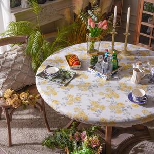 ARTABLE Round Fitted Tablecloth with Elastic Waterproof Oli Proof Table Cover Rustic Wipeable Table Protector for Home Picnic Outdoor (Yellow Flower, 60 Inch Round)