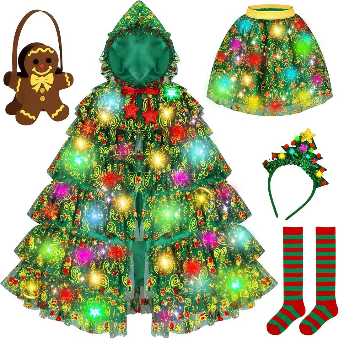 Christmas Tree Costume Kids,Hooded Cape & Skirt Dress Up Set,Princess Cape,Kid Christmas Outfits,Light Up Outfit with Gingerbread Bag & Socks,Christmas Costumes for Kids Ages 38 Multicolor