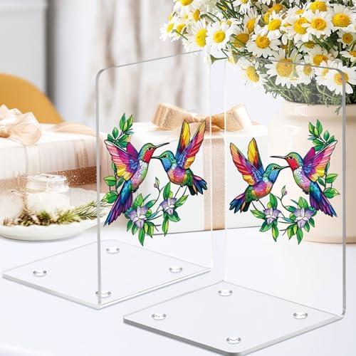 Hummingbird Acrylic Book Ends 2 Pieces, Clear Bookends for Shelves, Decorative Bookends for Heavy Books, Book Stopper Bookshelf Decor Home Office School for Hummingbird Gifts for Women
